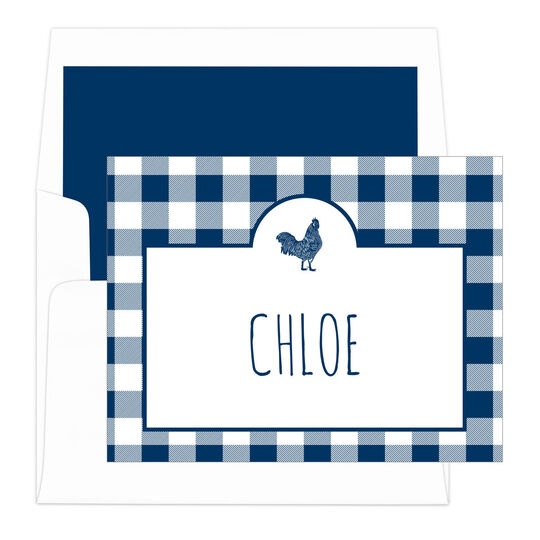 Navy Gingham Rooster Foldover Note Cards